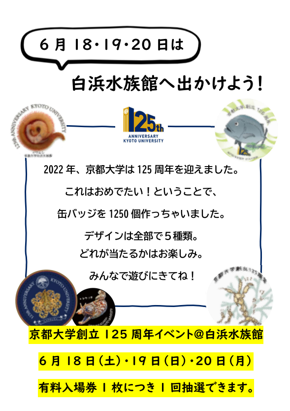 京都大学白浜水族館さまよりお知らせ）京都大学創立125周年記念 缶バッジ配布 