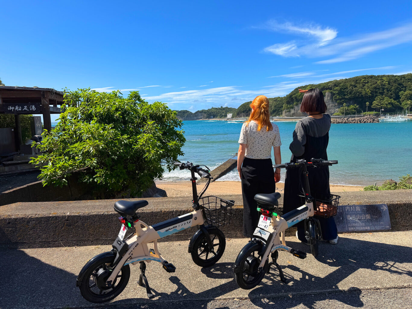 御船足湯近くの景色を眺める様子
